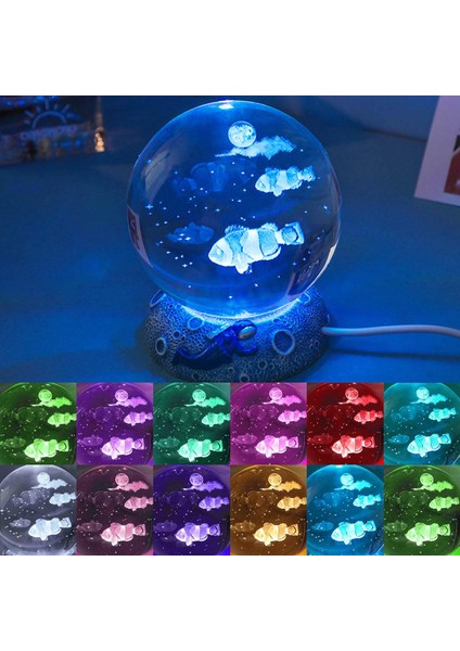 3D Kristal Palyaço Balığı Topu Işık, 3.15 Inç K9 Top Lambası, 16 LED Renk Taban, Yatak Odası Oturma Odası Dekorasyonu Serin Deniz Hayvan Masa Lambası, Çocuklar Soğuk Işık Hediyesi (Yurt Dışından)