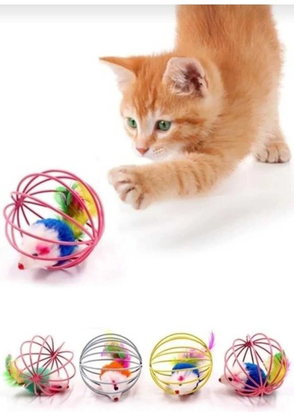 Luxury Renkli Metal Kafesli Peluş Fareli Kedi Köpek Oyuncağı Oyun Topu 6 cm 1 Adet