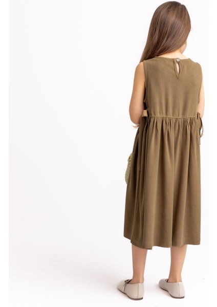 Nakışlı Yandan Bağlamalı Keten Elbise 2-7 Yaş Camel