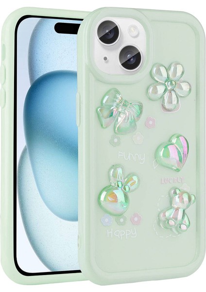 Apple iPhone 13 Kılıf Kabartma Figürlü Parlak Klcr Toys Silikon Kapak-Açık Yeşil