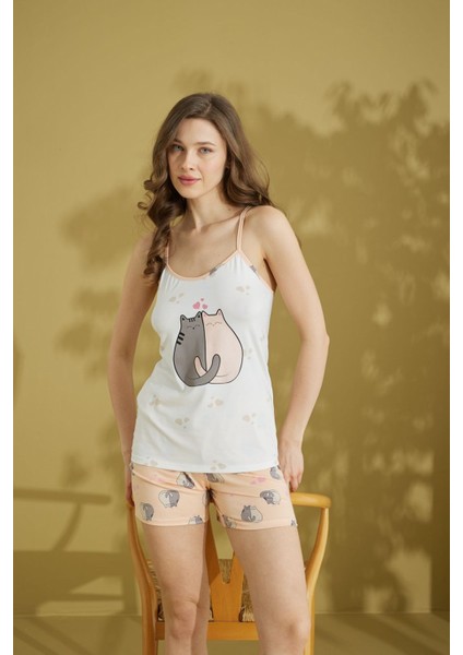 Kadın Desenli Bisiklet Yaka Düğmesiz Pamuklu Yazlık Ip Askılı Kol Mini Şortlu Pijama Takımı