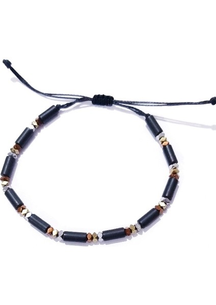 Mat Siyah Silindir ve Özel Kesim Gümüş Bakır Altın Rengi Hematit Doğaltaşlı Unisex Bileklik