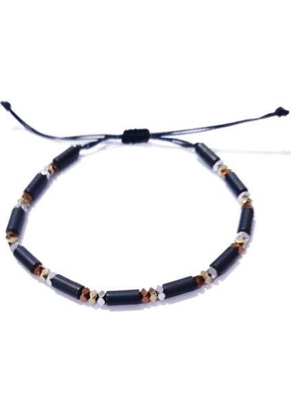 Mat Siyah Silindir ve Özel Kesim Gümüş Bakır Altın Rengi Hematit Doğaltaşlı Unisex Bileklik fiyatları