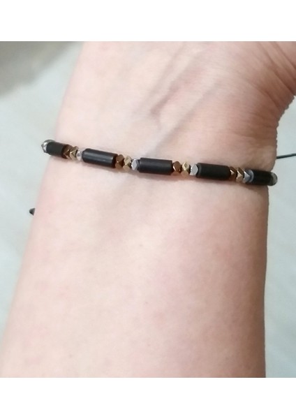 Mat Siyah Silindir ve Özel Kesim Gümüş Bakır Altın Rengi Hematit Doğaltaşlı Unisex Bileklik modelleri