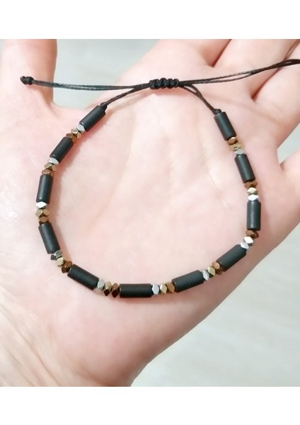 Mat Siyah Silindir ve Özel Kesim Gümüş Bakır Altın Rengi Hematit Doğaltaşlı Unisex Bileklik fırsatları
