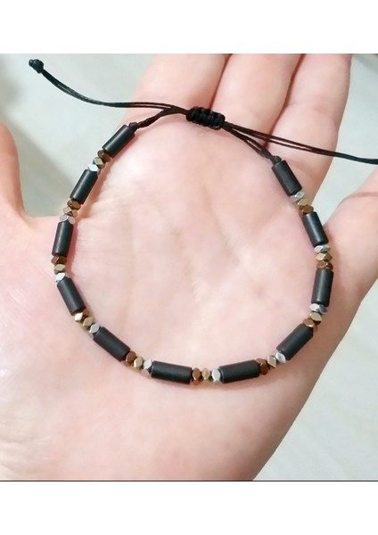 Mat Siyah Silindir ve Özel Kesim Gümüş Bakır Altın Rengi Hematit Doğaltaşlı Unisex Bileklik indirimleri
