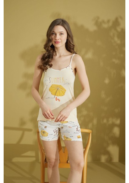 Kadın Desenli Bisiklet Yaka Düğmesiz Pamuklu Yazlık Ip Askılı Kol Mini Şortlu Pijama Takımı