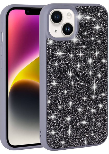 Apple iPhone 14 Kılıf Parlak Taşlı Tasarım Klcr Pırlanta Kapak-Siyah
