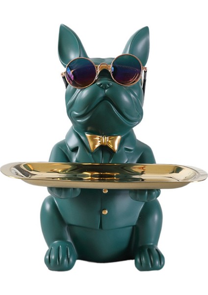 Tepsi Heykel Masa Depolama Heykeli ile Fransız Bulldog Heykelciği-Yeşil (Yurt Dışından)