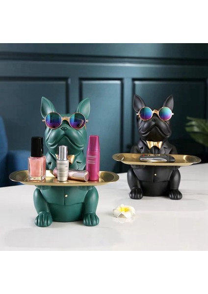 Tepsi Heykel Masa Depolama Heykeli ile Fransız Bulldog Heykelciği-Yeşil (Yurt Dışından) fiyatları