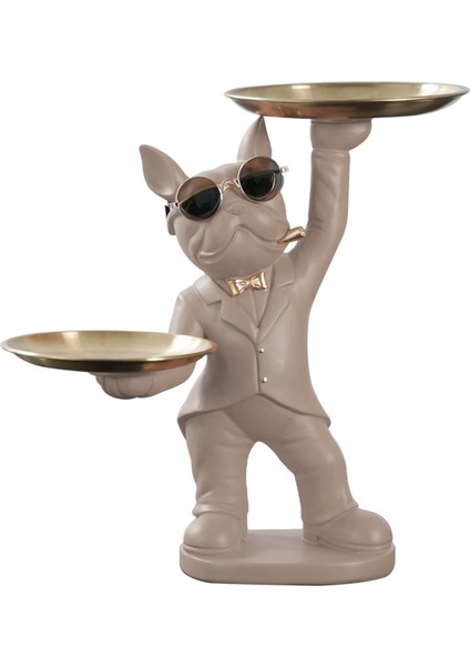 Bulldog Heykeli Ev Dekoru 2 Metal Tepsi Bulldog Masa Süsü C (Yurt Dışından)