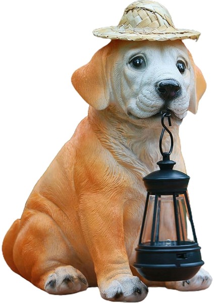 Bahçe Köpek Heykelleri - Hasır Şapkalı ve Güneş Enerjili Sevimli Reçine Köpek Figürleri (Yurt Dışından)