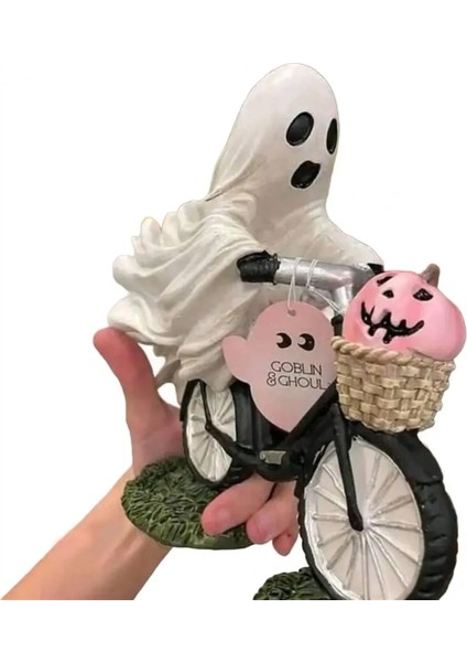 Pembe Balkabağı Heykelciği Ürkütücü Bisiklet Bisikleti Beyaz Hayalet Reçine Heykeli (Yurt Dışından)