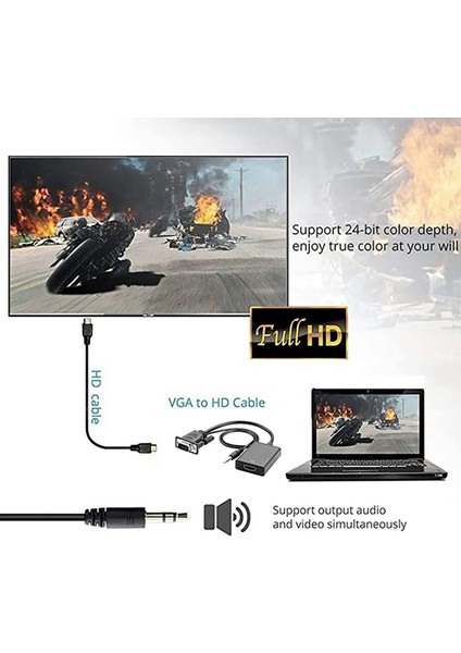 VGA - HDMI Uyumlu Dönüştürücü Ses Kablosu + Güç Kablosu ile (Yurt Dışından)