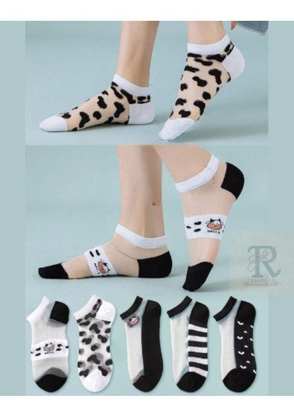 Kadın 5 Çift Milk Benekli Desenli Siyah Beyaz Tül Patik Çorap (Inek Karikatür Detaylı)