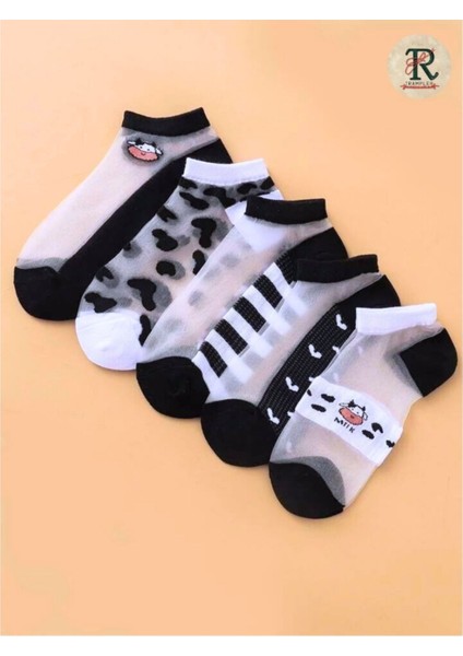 Kadın 5 Çift Milk Benekli Desenli Siyah Beyaz Tül Patik Çorap (Inek Karikatür Detaylı) fiyatları
