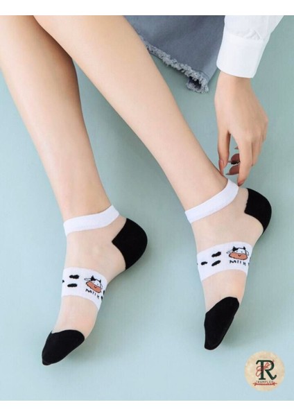 Kadın 5 Çift Milk Benekli Desenli Siyah Beyaz Tül Patik Çorap (Inek Karikatür Detaylı) modelleri