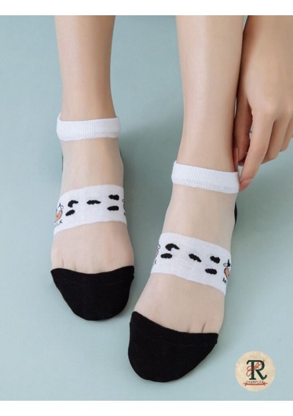 Kadın 5 Çift Milk Benekli Desenli Siyah Beyaz Tül Patik Çorap (Inek Karikatür Detaylı) fırsatları