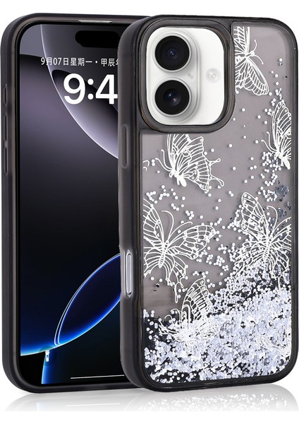 iPhone 16 Uyumlu Kılıf Sıvılı Simli Kelebek Baskılı Şeffaf Arka Yüzey Klcr Glis Silikon Kapak-Siyah