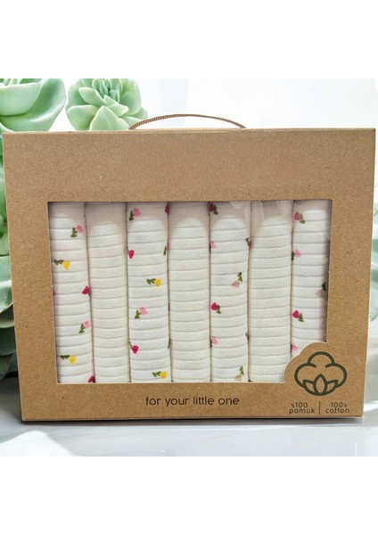 %100 Organik Pamuklu Kız Bebek Ağız Mendili Kutulu 7'li Set