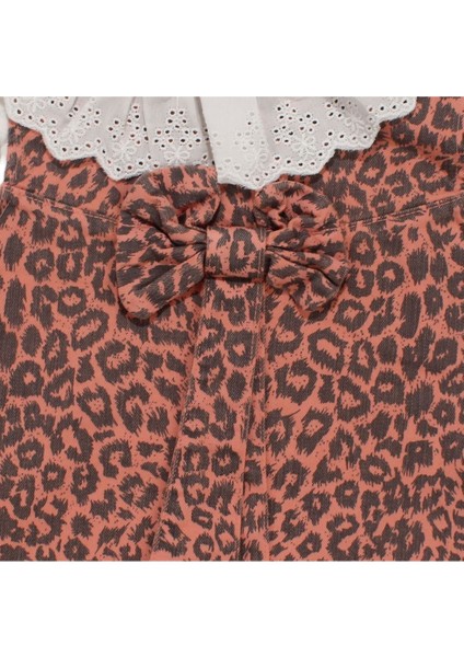 Kız Çocuk Beyaz Kiremit Leopar Desenli Tek Fiyonklu Kot Elbise - 1015743