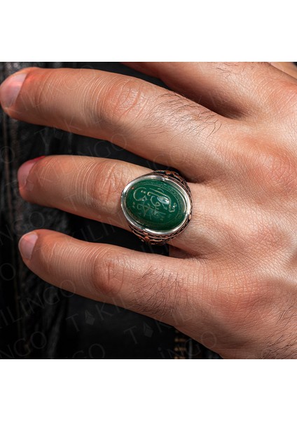 925 Ayar Gümüş Yeşil Akik Taş Üzeri Hayyun Kayyum Yazılı Dualı Erkek Yüzük modelleri