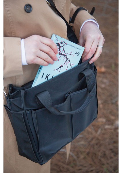 Moderna Saten Kumaş Uzun Askılı Fermuarlı Bölmeli Kadın Çantası Omuz Çantası 38X30X11 Tote Bag Siyah