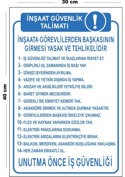 Metal Inşaat Güvenlik Talimatı 30 cm x 40 cm A3 Büyüklüğünde Uyarı Levhası Yönlendirme Tabelası