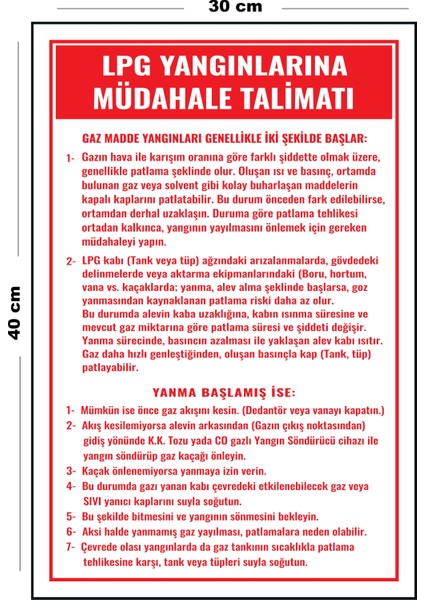 Metal Lpg Yangınlarına Müdahale Talimatı 30 cm x 40 cm A3 Büyüklüğünde Uyarı Levhası Yönlendirme