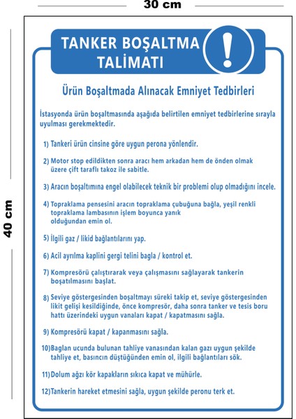 Metal Tanker Boşaltma Talimatı 30 cm x 40 cm A3 Büyüklüğünde Uyarı Levhası Yönlendirme Tabelası