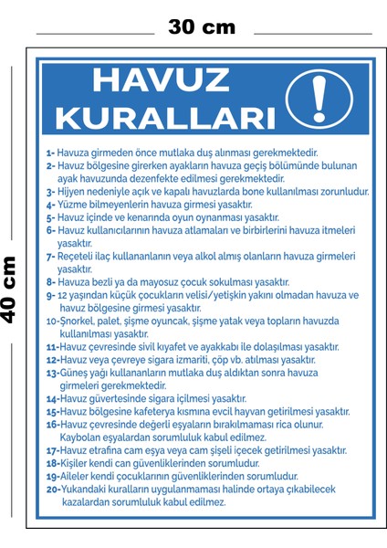 Metal Havuz Kuralları 30 cm x 40 cm A3 Büyüklüğünde Uyarı Levhası Yönlendirme Tabelası