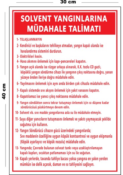 Metal Solvent Yangınlarına Müdahale Talimatı 30 cm x 40 cm A3 Büyüklüğünde Uyarı Levhası Yönlendirme Tabelası