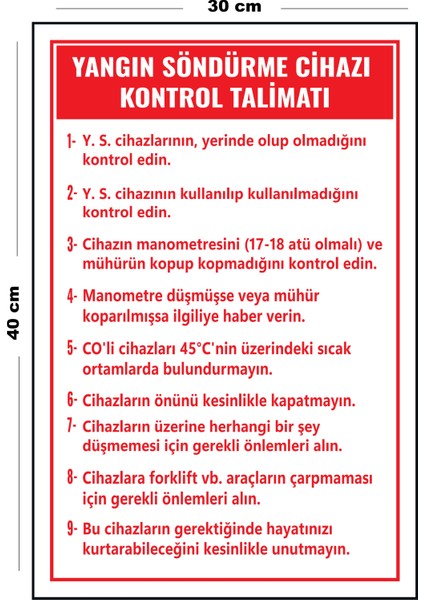 Metal Yangın Söndürme Cihazı Kontrol Talimatı 30 cm x 40 cm A3 Büyüklüğünde Uyarı Levhası Yönlendir