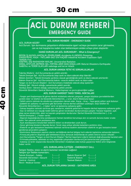 Metal Acil Durum Rehberi 30 cm x 40 cm A3 Büyüklüğünde Uyarı Levhası Yönlendirme Tabelası