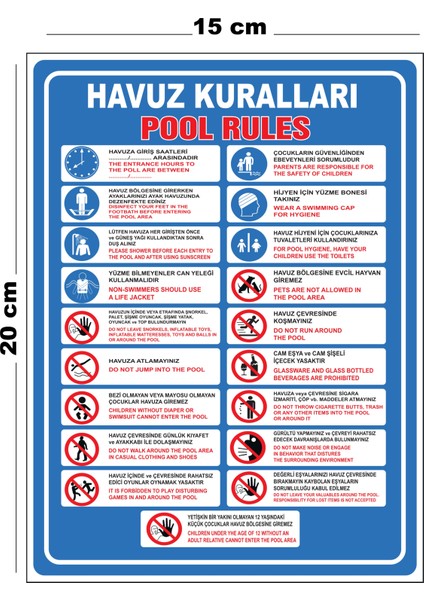 Metal Havuz Kuralları 15CM x 20CM Uyarı Levhası Yönlendirme Tabelası