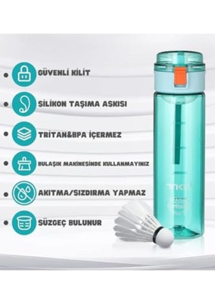 Rom 550ML Pipetsiz Rahat Içim Kilitlenebilir Kapak Taşıma Kulplu Tritan Su Matarası (Turkuaz) R