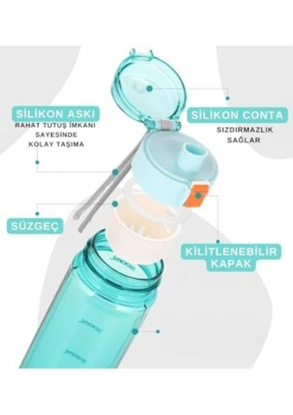 Rom 550ML Pipetsiz Rahat Içim Kilitlenebilir Kapak Taşıma Kulplu Tritan Su Matarası (Turkuaz) R