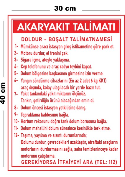 Metal Akaryakıt Talimatı 30 cm x 40 cm A3 Büyüklüğünde Uyarı Levhası Yönlendirme Tabelası