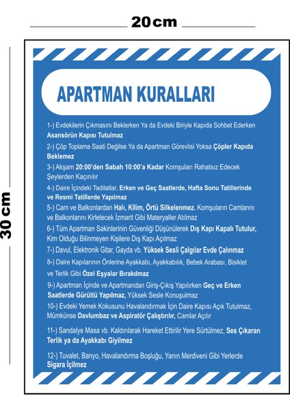 Metal Apartman Kuralları 20CM x 30CM A4 Büyüklüğünde Uyarı Levhası Yönlendirme Tabelası