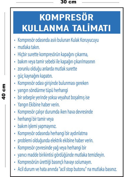 Metal Kompresör Kullanma Talimatı 30 cm x 40 cm A3 Büyüklüğünde Uyarı Levhası Yönlendirme Tabelası