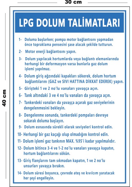 Metal Lpg Dolum Talimatları 30 cm x 40 cm A3 Büyüklüğünde Uyarı Levhası Yönlendirme Tabelası