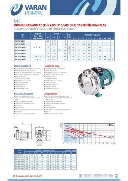 Varan Blc 120/110T Tek Kademe Paslanmaz Santrifüj Pompa 1.5 Hp / 1.1 Kw, Trifaze 380 V (Aısı 304)