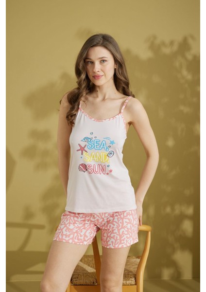Kadın Desenli Bisiklet Yaka Düğmesiz Pamuklu Yazlık Ip Askılı Kol Mini Şortlu Pijama Takımı