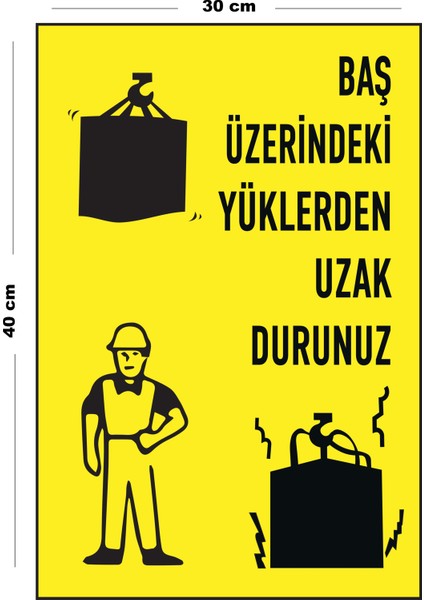 Metal Baş Üzerindeki Yüklerden Uzak Durunuz 30 cm x 40 cm A3 Büyüklüğünde Uyarı Levhası Yönlendirme