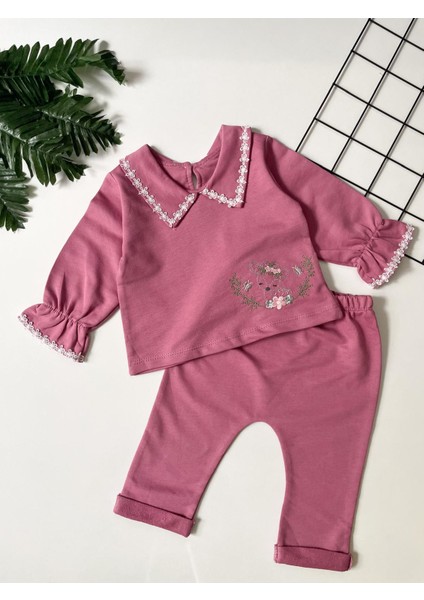 Minicixbebe Gül Kurusu Yaka ve Kol Güpür Detaylı Kız Bebek Takım