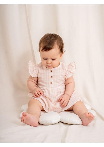 KD53395 Pıtı Kare Desenli Kız Bebek Elbisesi (6-36 Ay