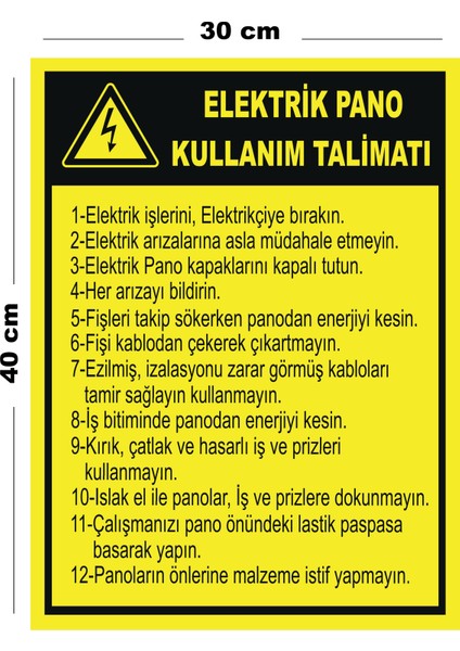 Metal Elektrik Pano Kullanım Talimatı 30CM x 40CM A3 Büyüklüğünde Uyarı Levhası Yönlendirme Tabelası