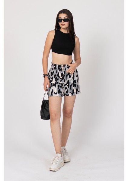 Beli Lastikli ve Düğmeli Denim Gabardin Cepli Yüksek Bel Şort 30160 fırsatları