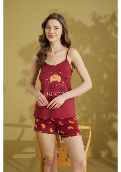 Kadın Desenli Bisiklet Yaka Düğmesiz Pamuklu Yazlık Ip Askılı Kol Mini Şortlu Pijama Takımı