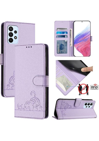Samsung Galaxy A23 4g/5g Kedi Rfıd Kart Yuvası Tutucu Kickstand Flip (Yurt Dışından)